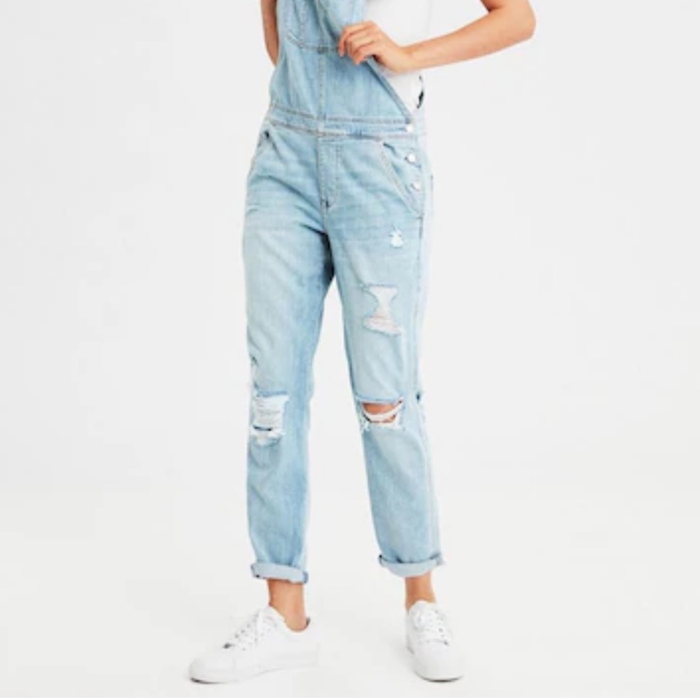 American Eagle Tomgirl Denim Overalls Distressed Light Blue XL - Picture 8 of 12